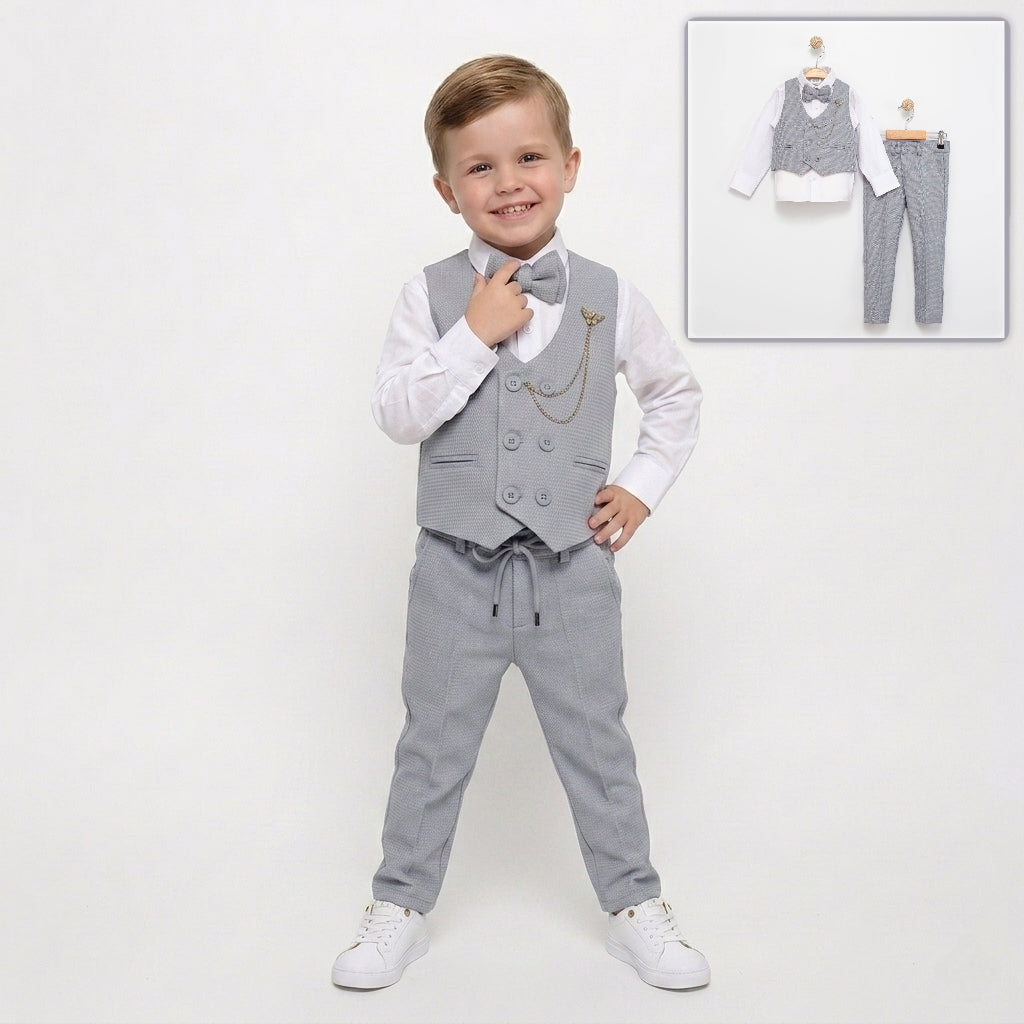 Gray Baby Vest Suit – Double-Breasted Formal Set with Chain