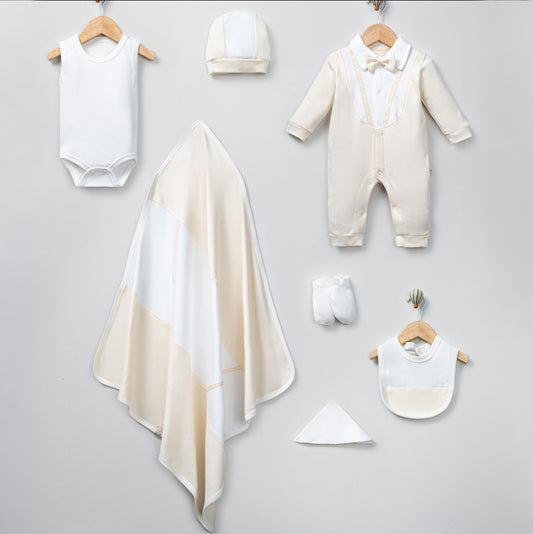 Cream Newborn Outfit 7 Pcs Set – Romper, Hat & Blanket