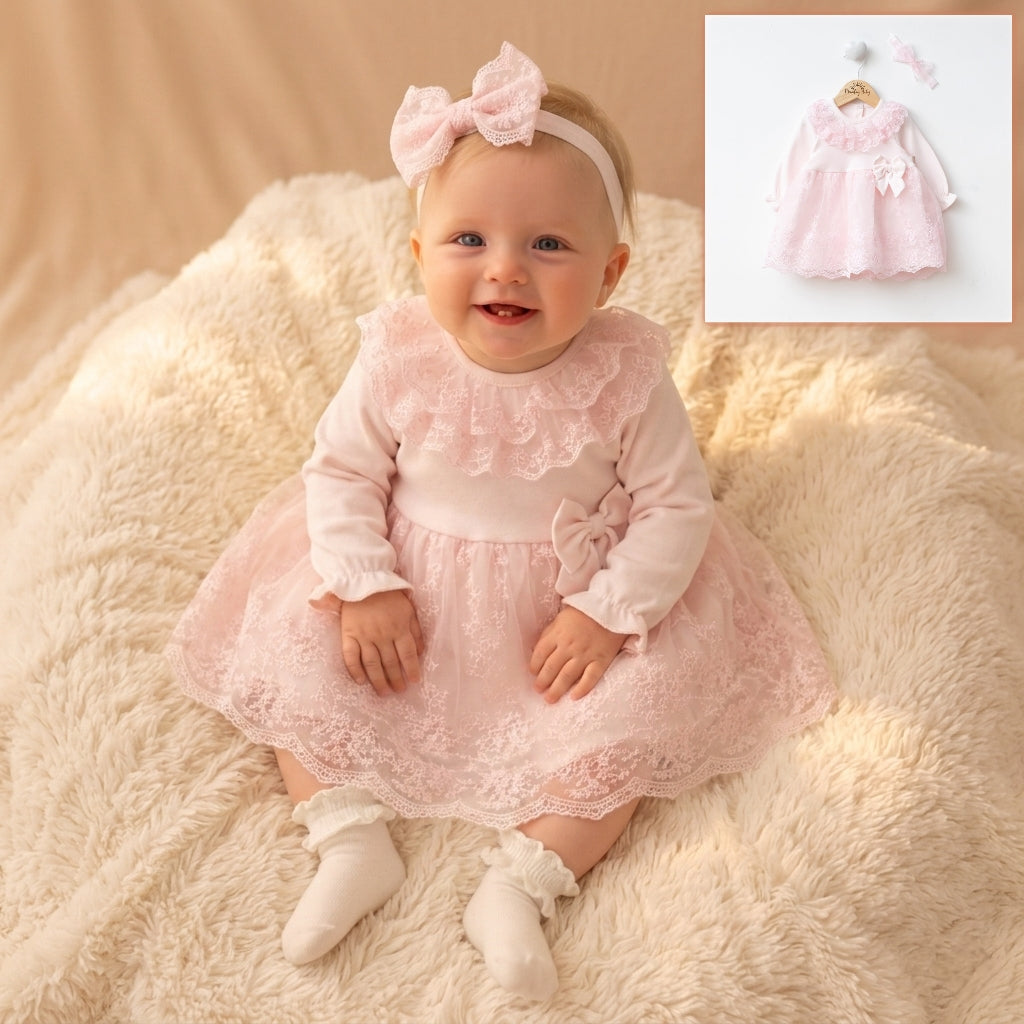 Pink Baby Girl Lace Dress – Bow & Headband Set