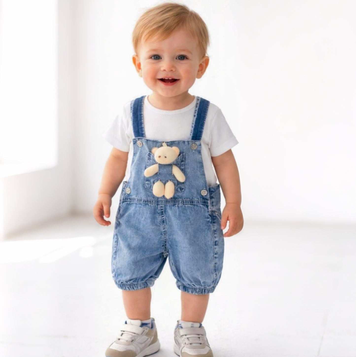 “Bear Buddy” Baby Overall Set – Denim & Tee with Plush Friend