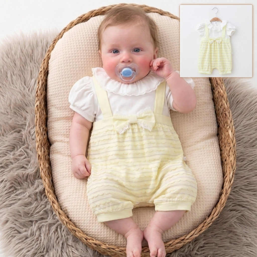 “Golden Bloom” Baby Romper Set – Lace Collar & Bow Detail