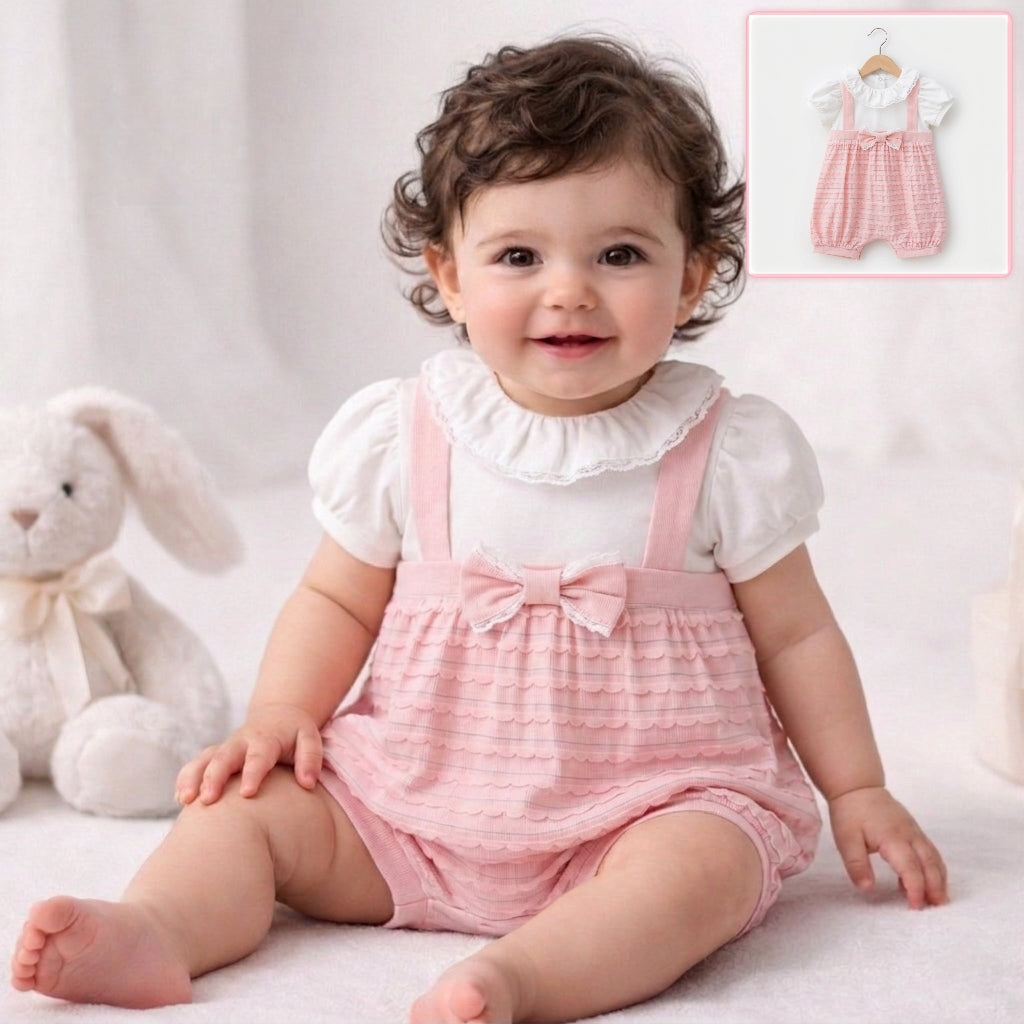 “Rosette Whispers” Baby Romper Set – Lace Collar & Bow Detail