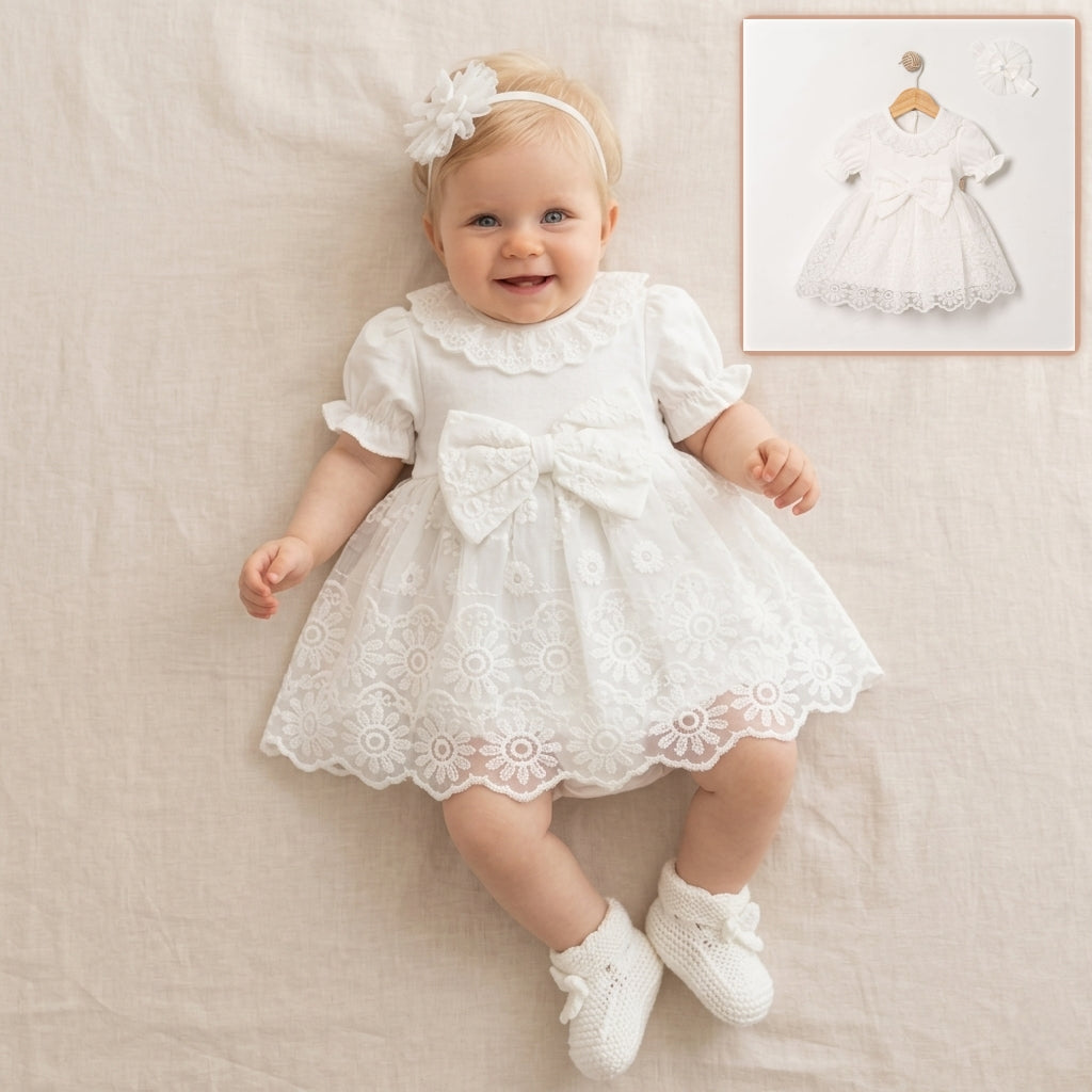 White Baby Girl Lace Dress – Bow & Headband Set