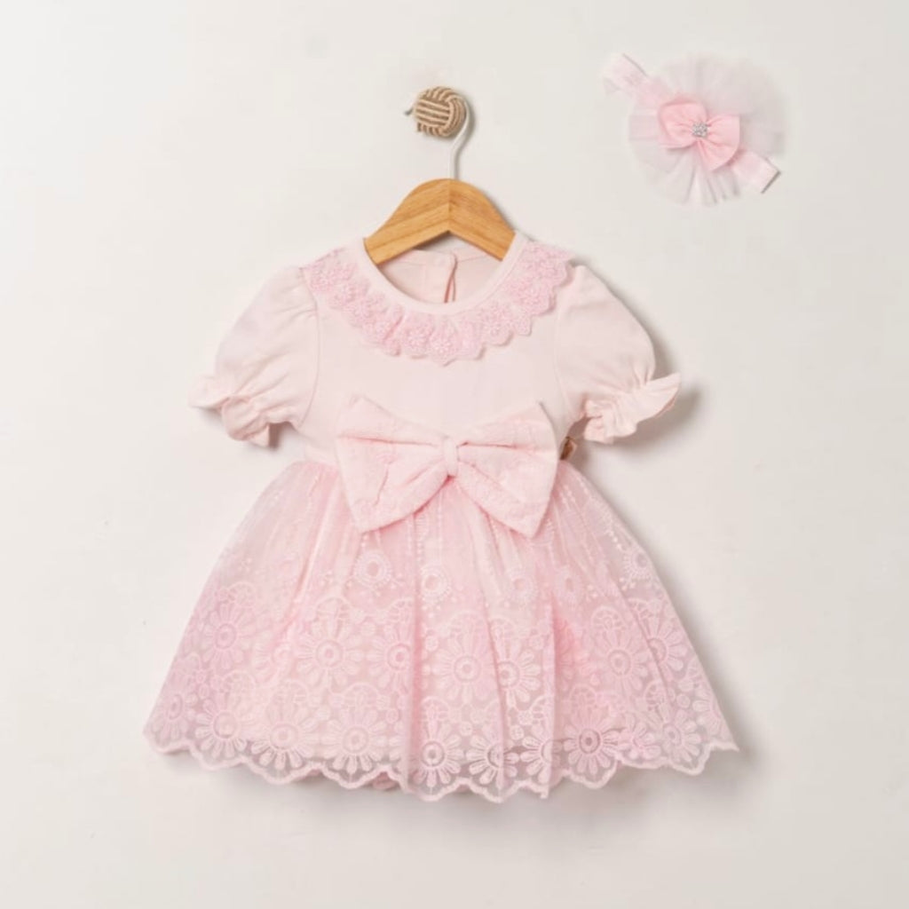Pink Baby Girl Lace Dress – Bow & Headband Set