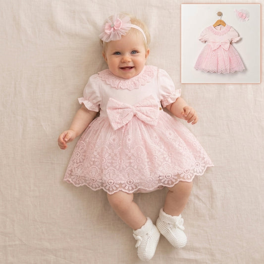 Pink Baby Girl Lace Dress – Bow & Headband Set