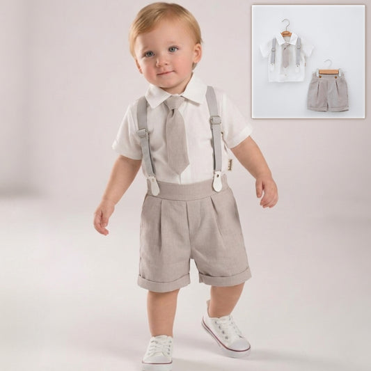 “Silver Sprout” Baby Formal Set – Shirt, Suspenders & Shorts