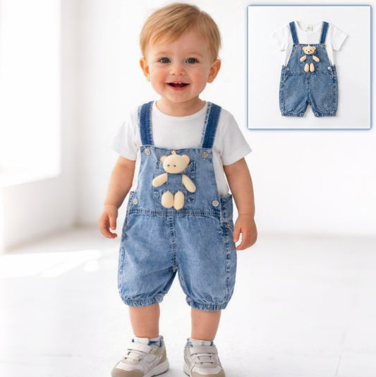 “Bear Buddy” Baby Overall Set – Denim & Tee with Plush Friend