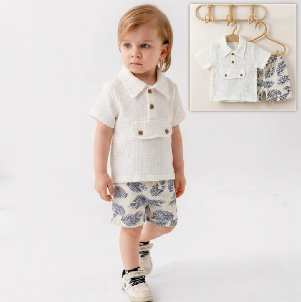 “Seaside Breeze” Baby Summer Set – Collared Shirt & Leaf Shorts