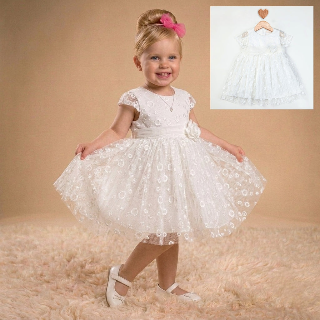 “Petal Grace” Baby Dress – Embroidered Lace & Floral Detail