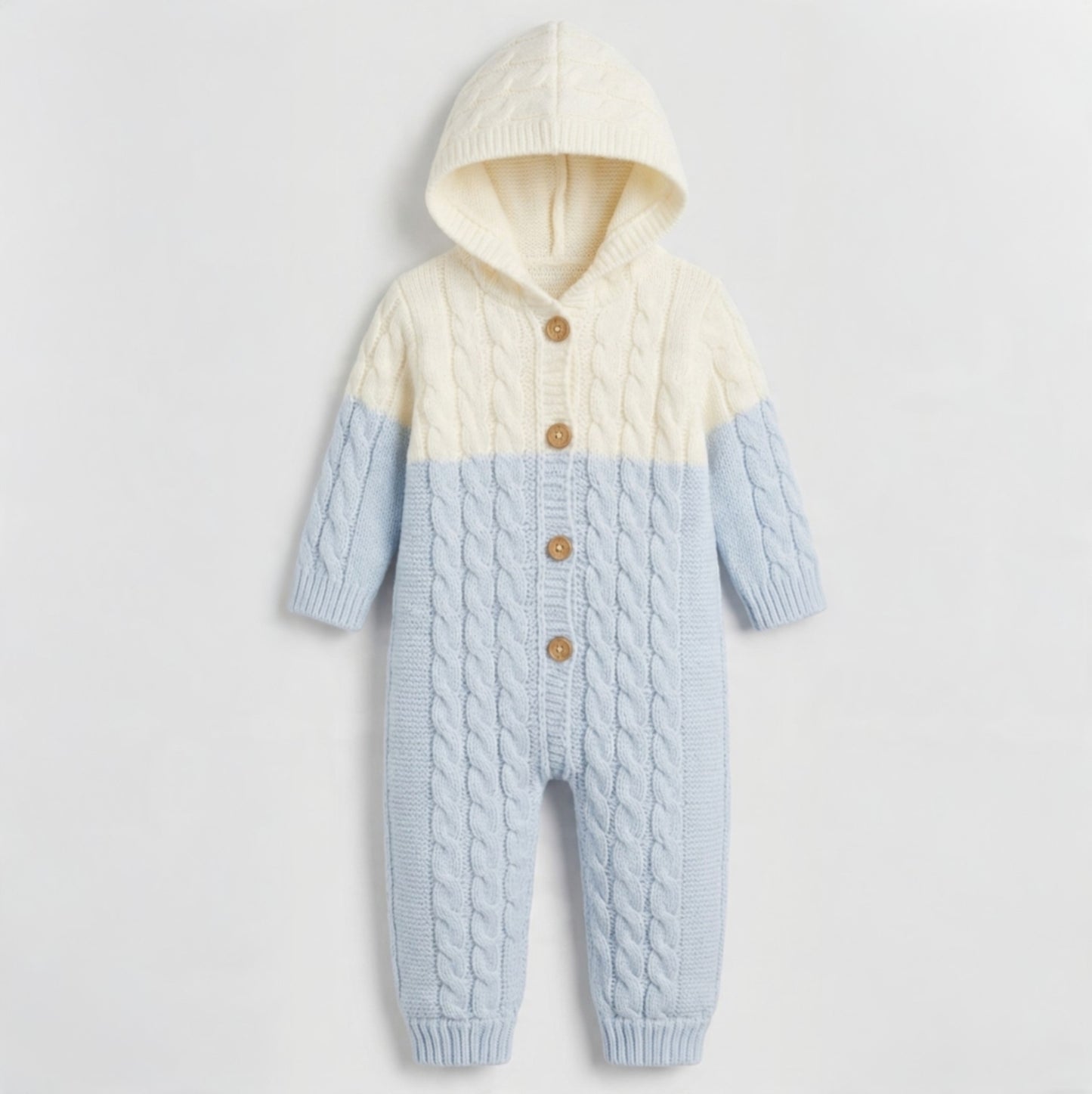 The Liam Cable-Knit Hooded Jumpsuit – Light Blue & Cream