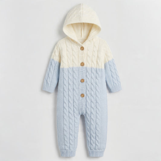 The Liam Cable-Knit Hooded Jumpsuit – Light Blue & Cream
