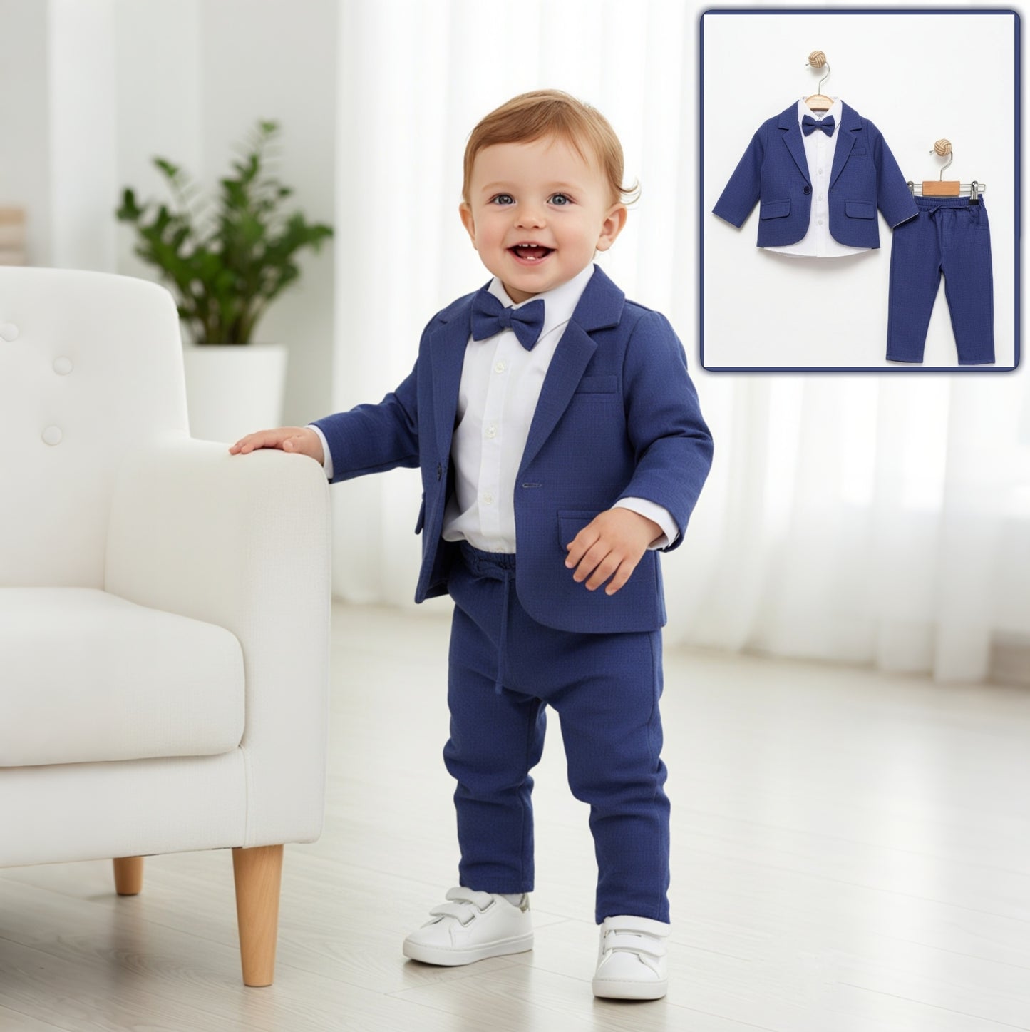 Blue Baby Boy Formal Suit – 4-Piece Set with Blazer, Shirt, Pants & Bow Tie
