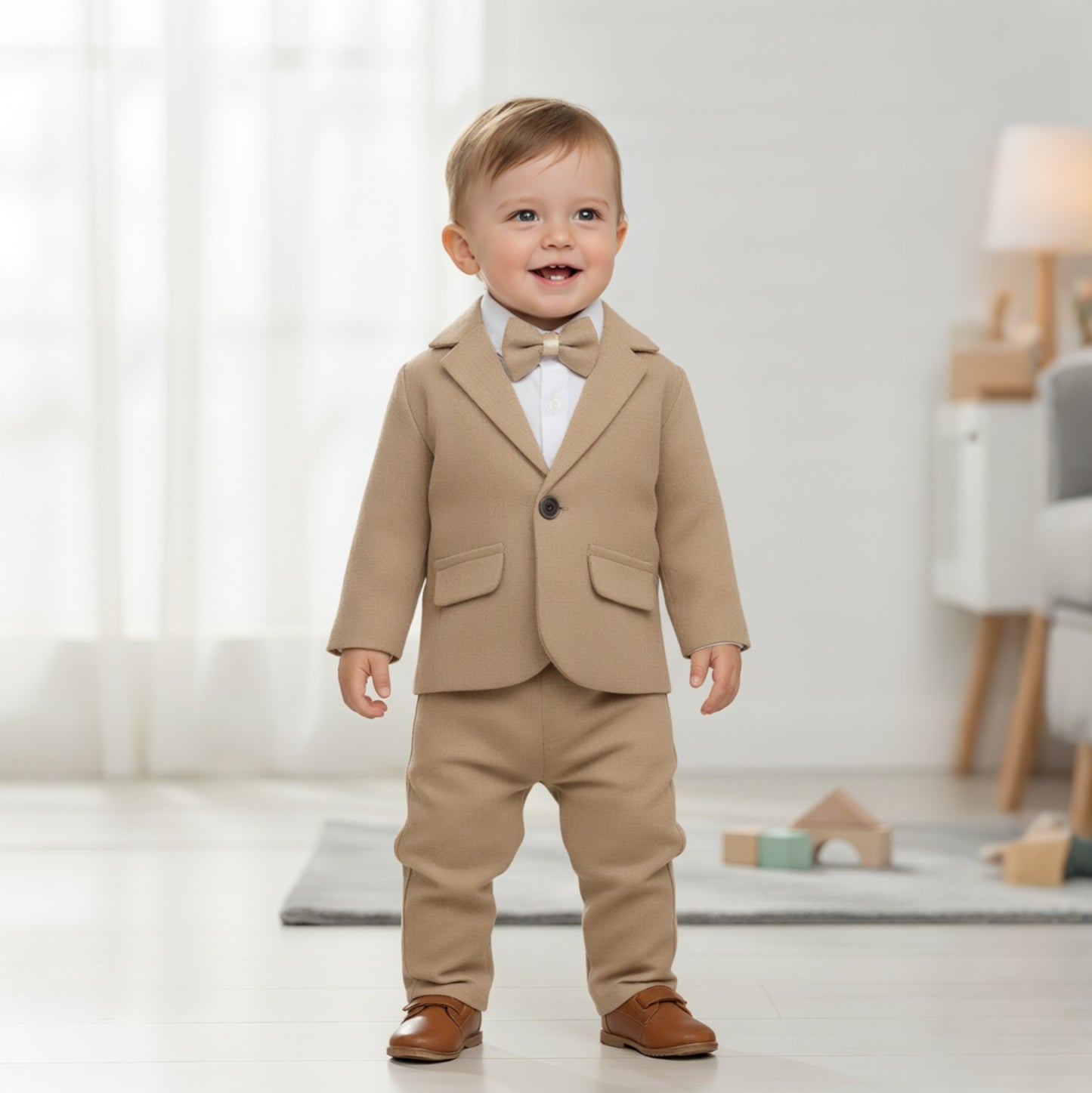 Beige Baby Boy Formal Suit – 4-Piece Set with Blazer, Shirt, Pants & Bow Tie