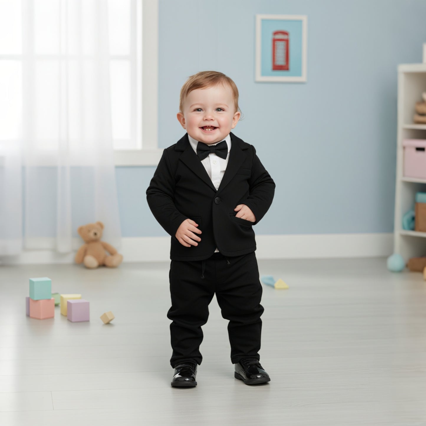 Black Baby Boy Formal Suit – 4-Piece Set with Blazer, Shirt, Pants & Bow Tie