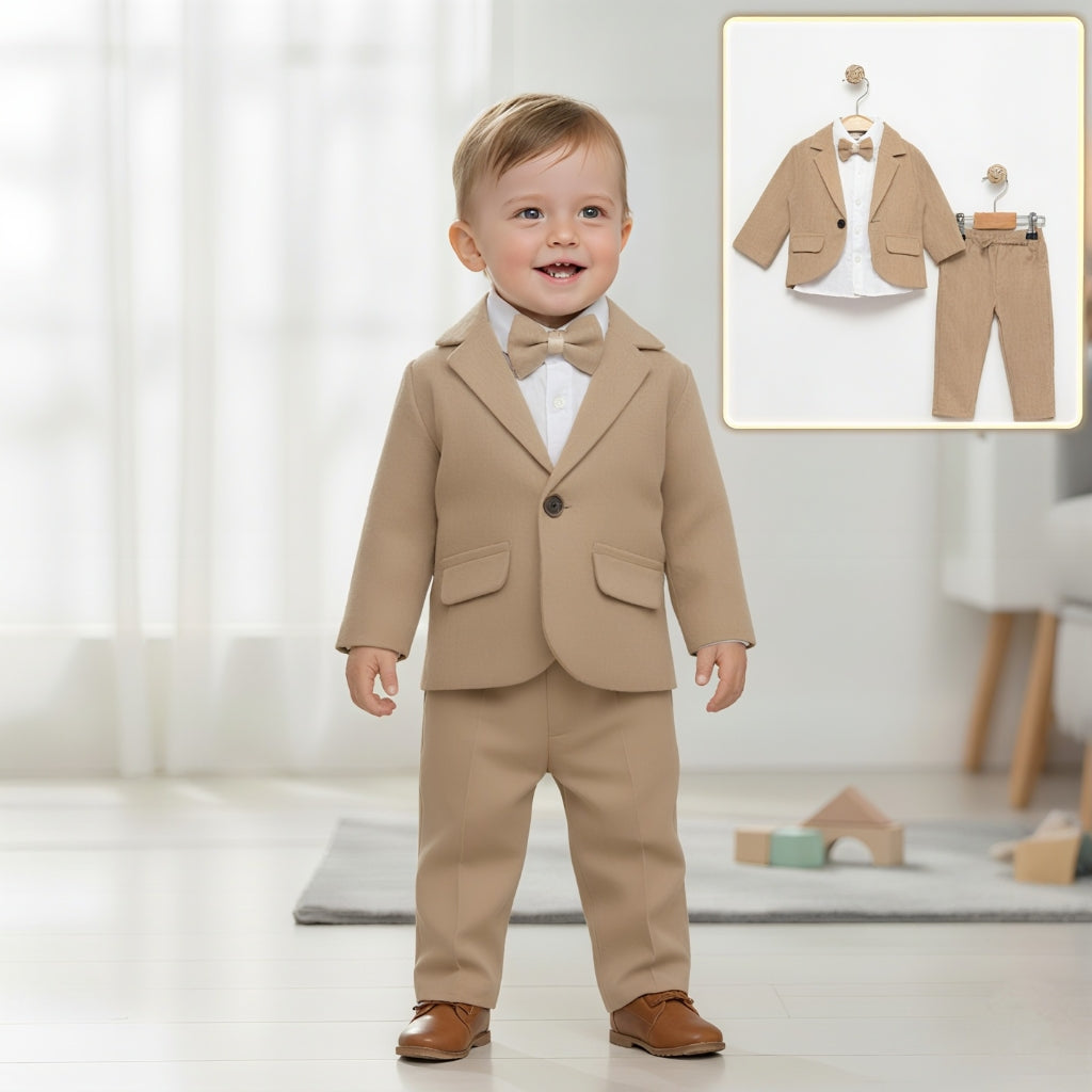 Beige Baby Boy Formal Suit – 4-Piece Set with Blazer, Shirt, Pants & Bow Tie