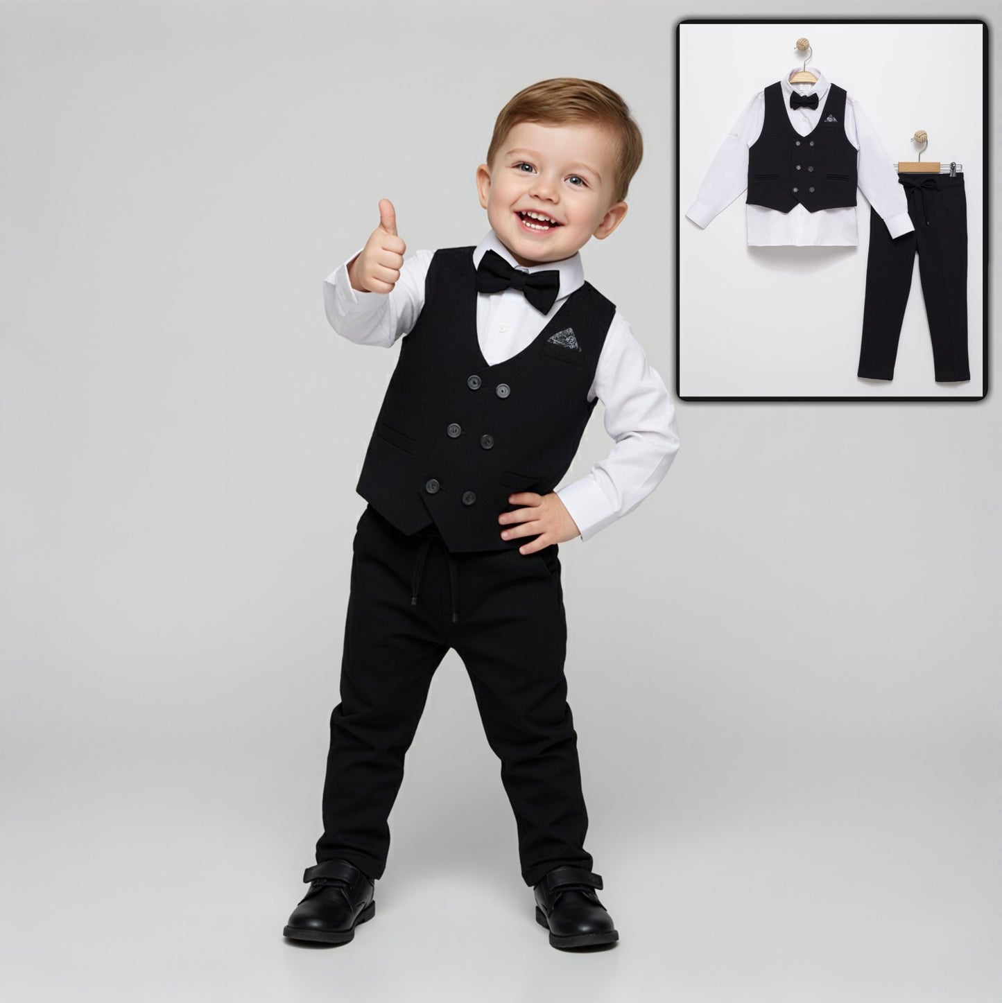 Black Baby Vest Suit – Bow Tie & Trousers