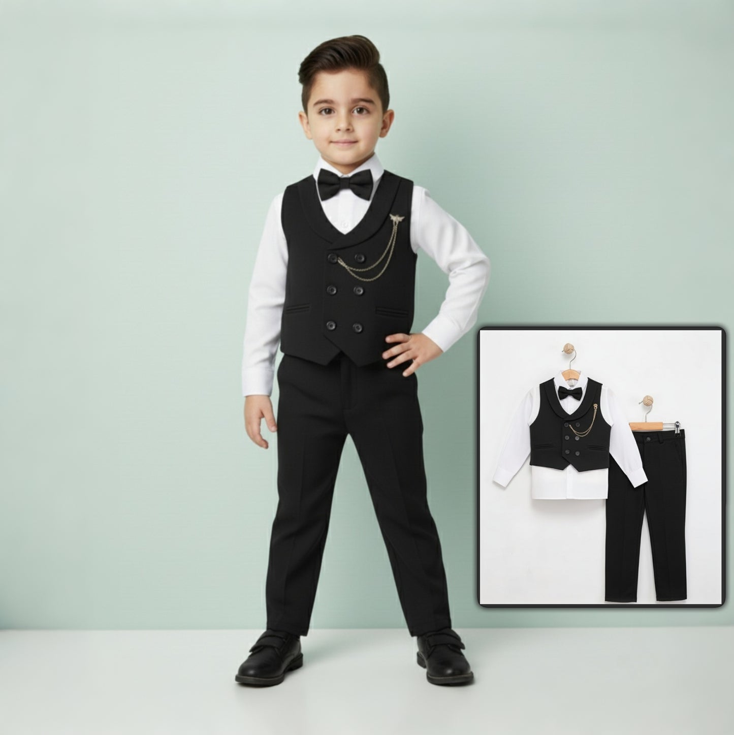 Black Boys Tuxedo Formal Suit – 4-Piece Set with Gilet, Shirt, Pants & Bow Tie