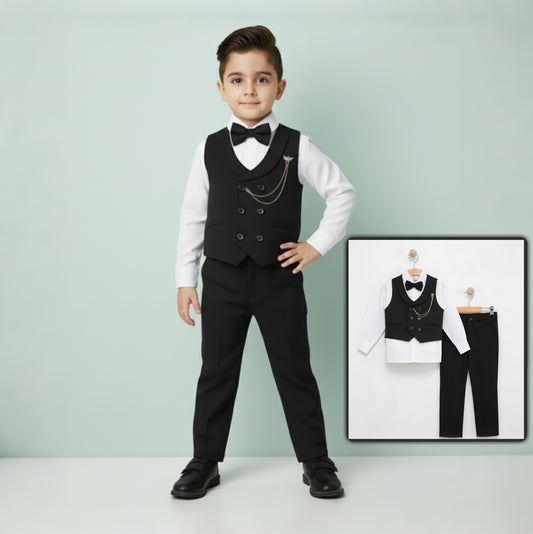 Black Boys Tuxedo Formal Suit – 4-Piece Set with Gilet, Shirt, Pants & Bow Tie