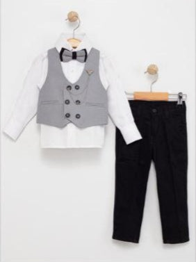 Boys Formal Suit – 4-Piece Set with Gray Gilet, Shirt, Pants & Bow Tie