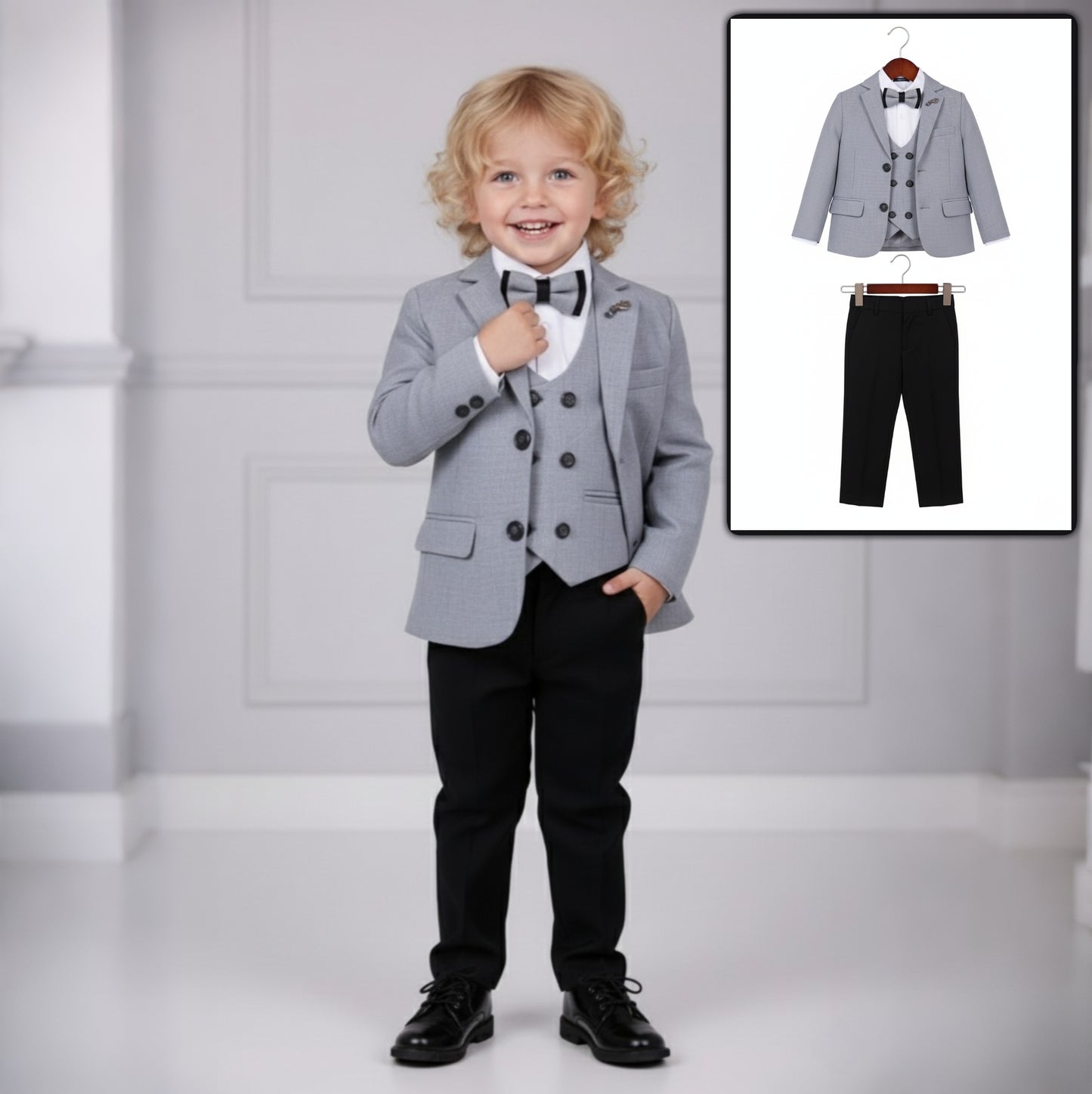 Black & Gray Boys Formal Suit – 5-Piece Set with Blazer, Gilet, Shirt, Pants & Bow Tie