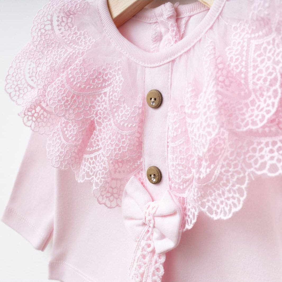 Pink Newborn Outfit Set – Lace Top, Pants & Accessories