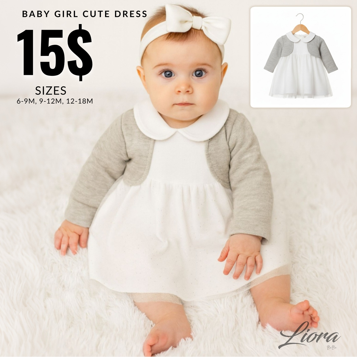 White & Beige Baby Dress – Sheer Dotted Skirt with Peter Pan Collar & Bolero Overlay