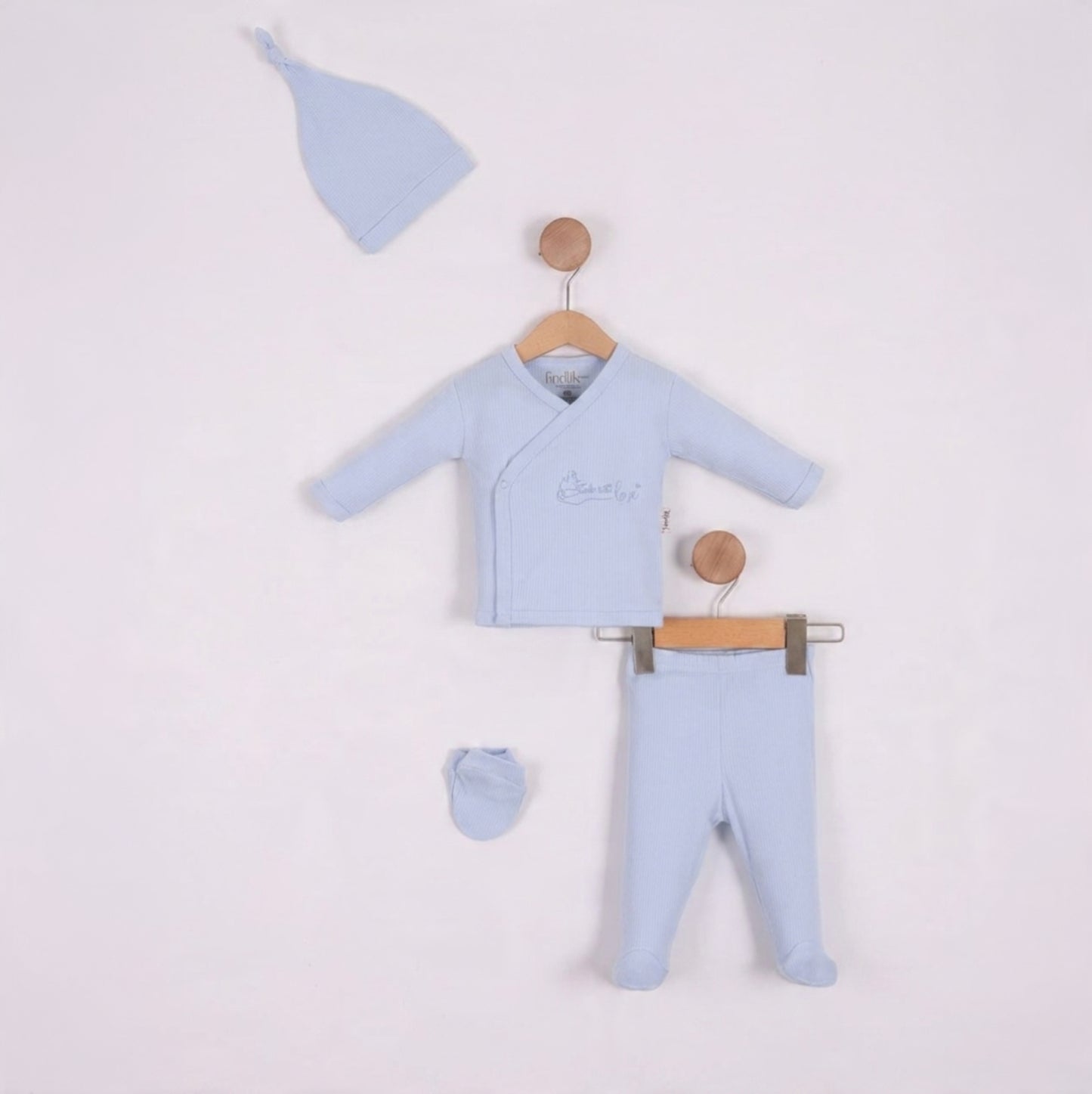 “Sky Embrace” Baby Outfit Set – Blue Wrap & Accessories