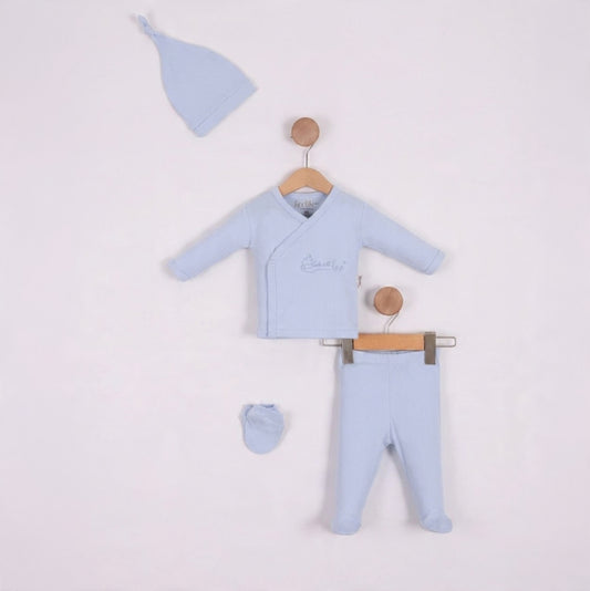 “Sky Embrace” Baby Outfit Set – Blue Wrap & Accessories