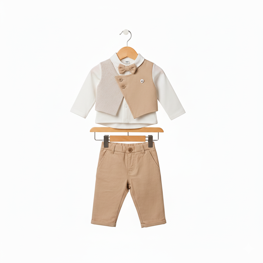 Baby Boy 3-Piece Formal Set – Beige Vest, Shirt & Pants Ensemble