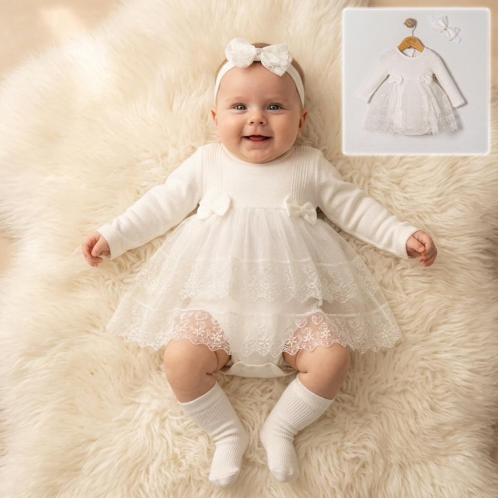 White Lace Baby Dress with Headband