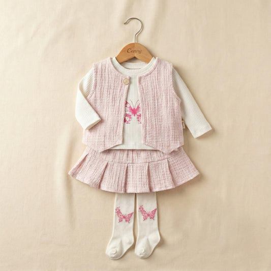 Butterfly Baby Girl Outfit – Ribbed Top, Pink Vest, Tiered Skirt & Printed Tights Set