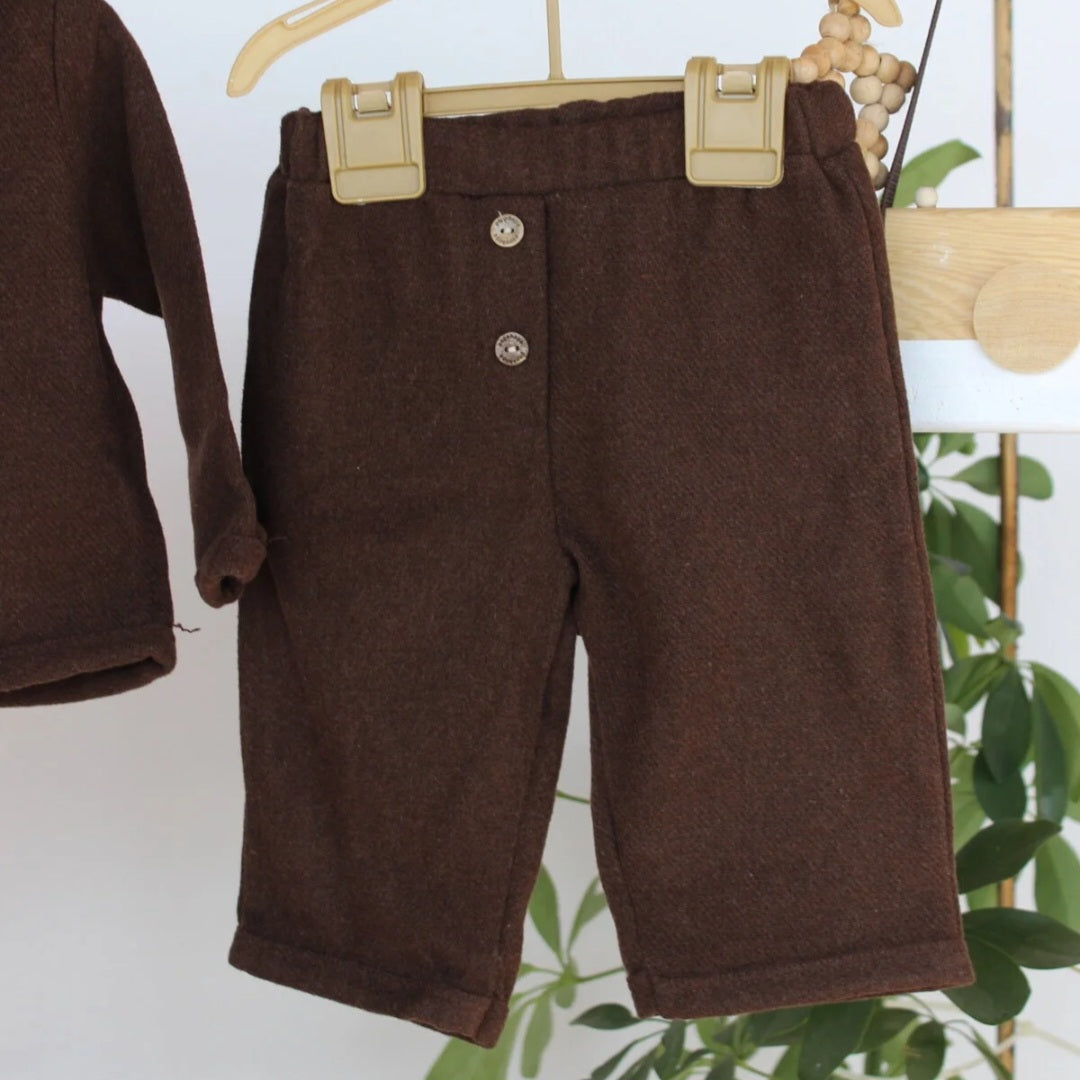Dark Brown Toddler Outfit – Hooded Double-Breasted Coat & Matching Pants Set for Fall/Winter