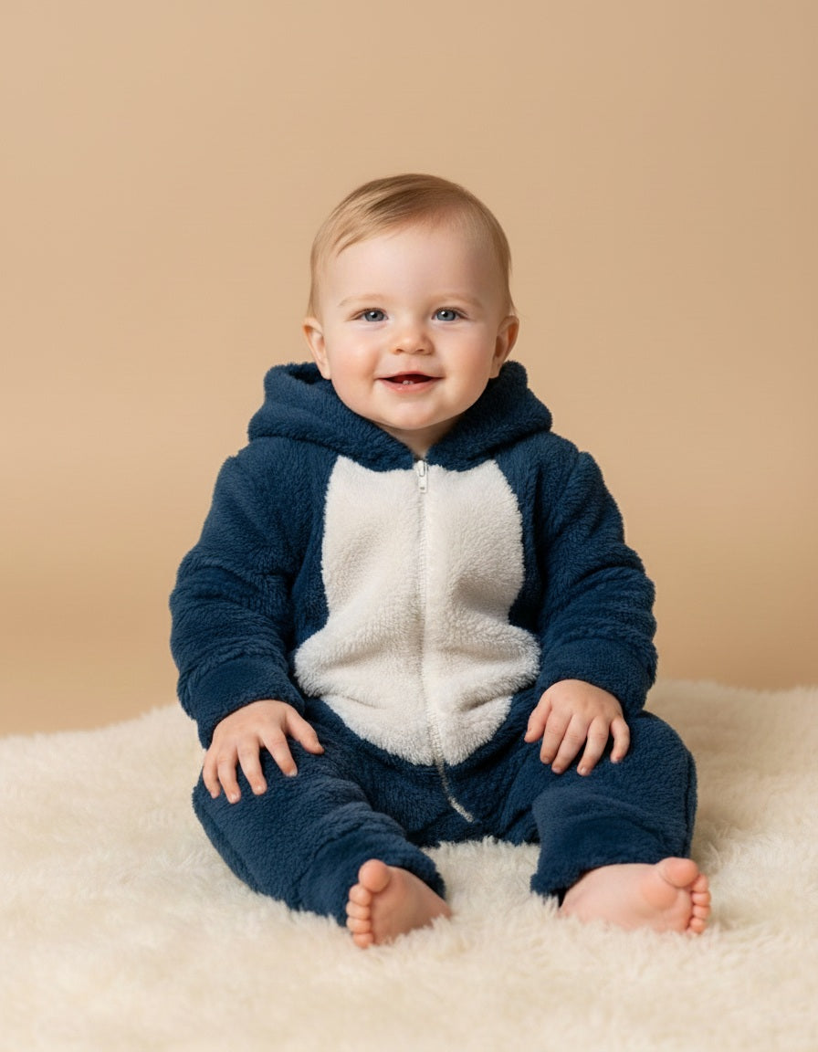 Plush Hooded Baby Jumpsuit – Dark Blue