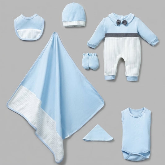 The Leo 7-Piece Layette & Blanket Gift Set – Light Blue & White
