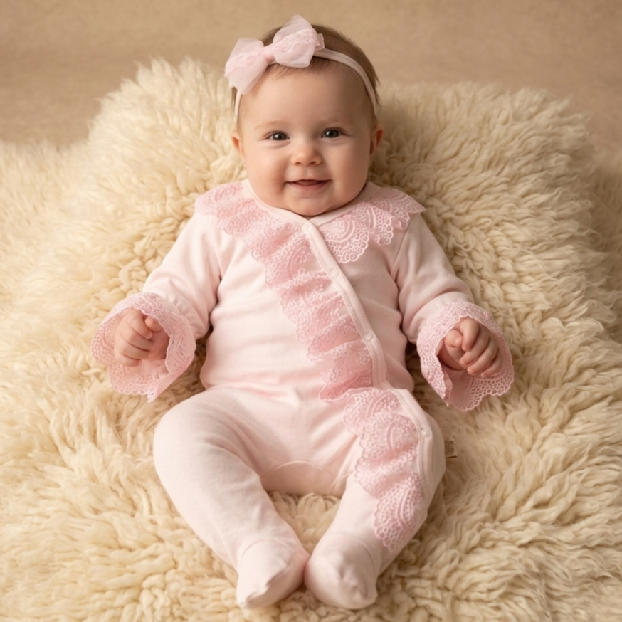 Pink Lace Baby Romper with Headband