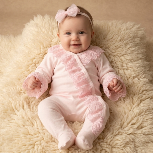 Pink Lace Baby Romper with Headband