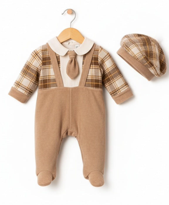Baby Boy Overall – Beige Overall & Beret Ensemble