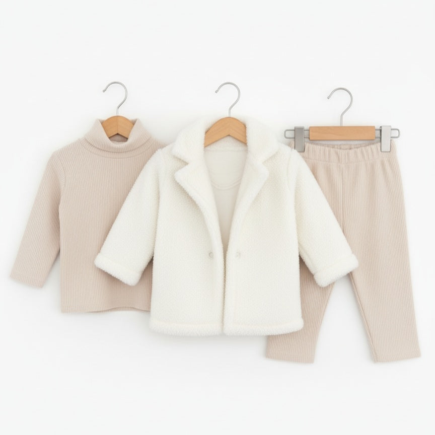 Beige & White Winter Baby Outfit – Ribbed Turtleneck, Textured Coat & Pants Set for Cold Weather