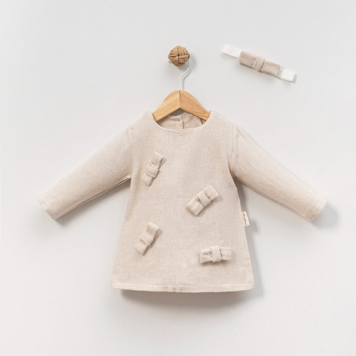 Beige Baby Dress with Bows – Long Sleeve Textured Outfit & Matching Headband for Special Occasions