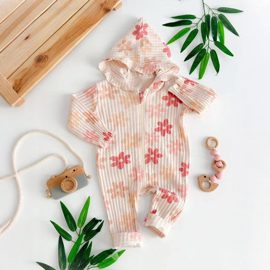 Light Pink Floral Hooded Baby Romper – Ribbed Zip-Up Outfit
