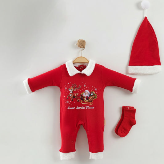 Red “Dear Santa Claus” Baby Outfit – Christmas Onesie with Faux Fur Trim, Hat & Socks