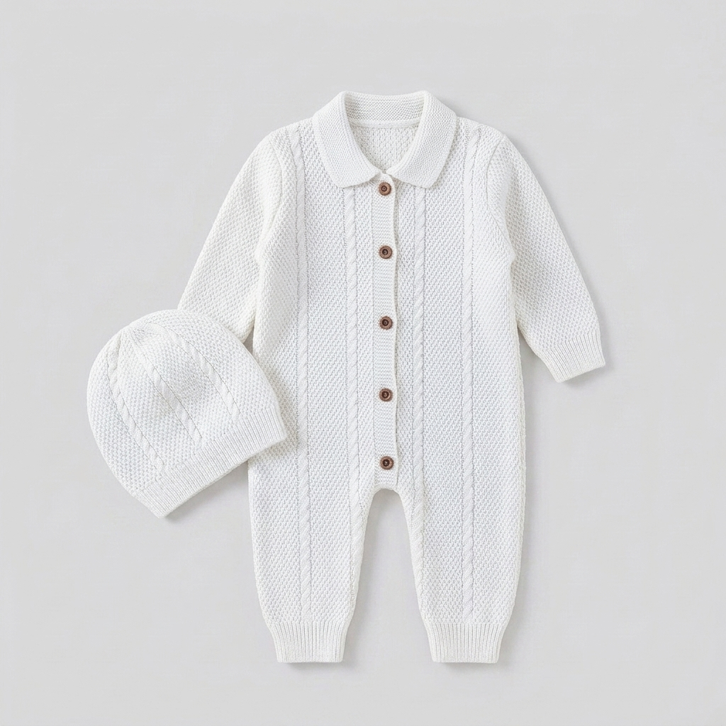 The Gabriel Collared Cable-Knit Romper & Bonnet Set – Crisp White