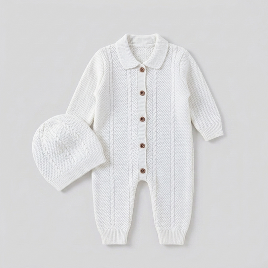 The Gabriel Collared Cable-Knit Romper & Bonnet Set – Crisp White