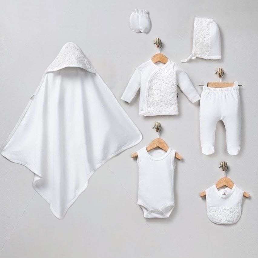 The Celeste 7-Piece Lace Newborn Layette & Towel Gift Set – Pure White