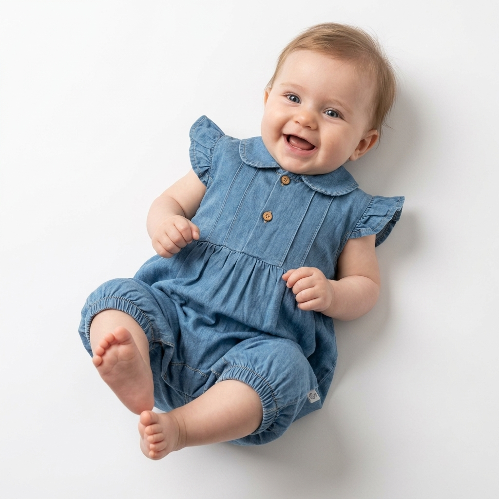 “Bluebell Charm” Baby Denim Romper – Ruffle Sleeve & Button Detail