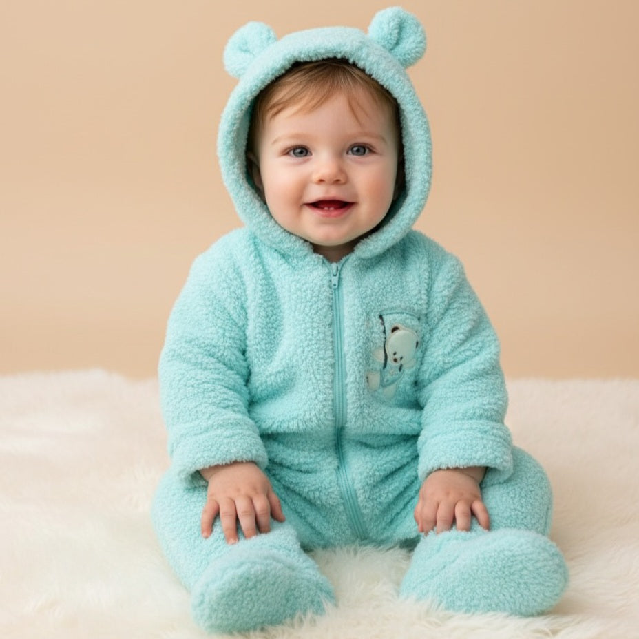Light Blue Fleece Baby Onesie – Hooded Winter Bodysuit with Embroidered Bear & Cozy Fit