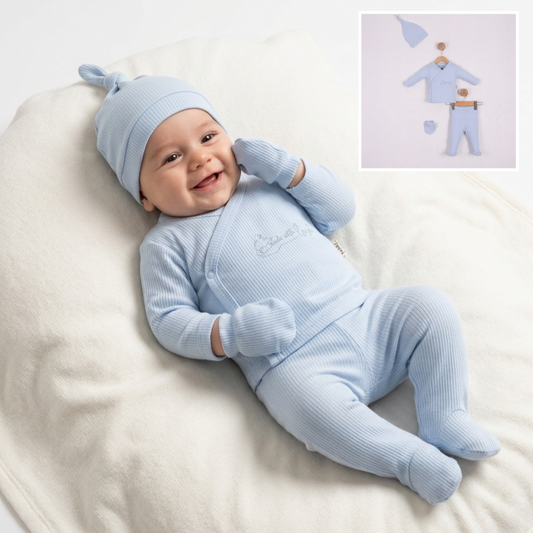 “Sky Embrace” Baby Outfit Set – Blue Wrap & Accessories