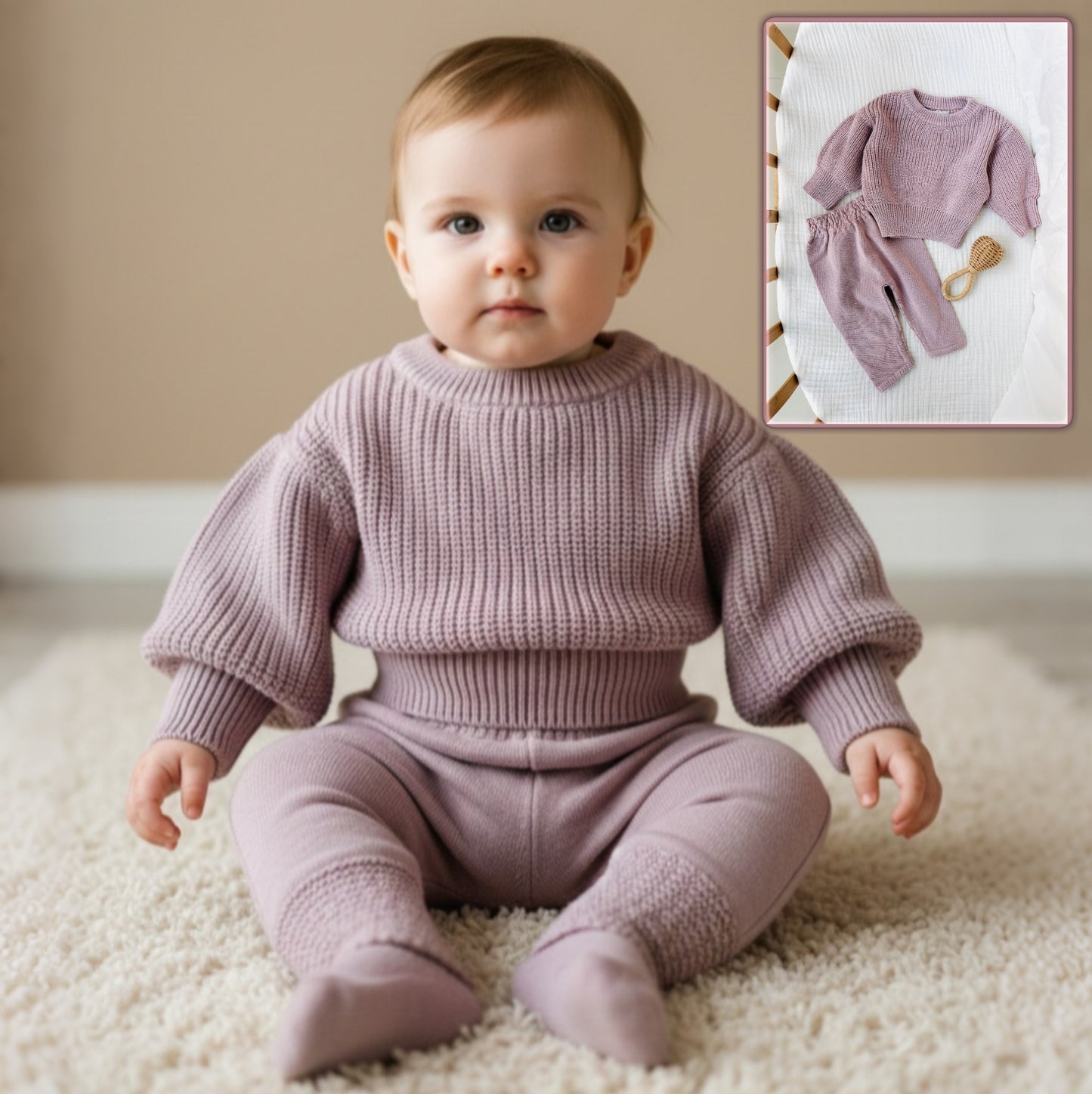 Soft Pink Knit Baby Outfit – Textured Sweater & Pants Set with Shoulder Button Detail