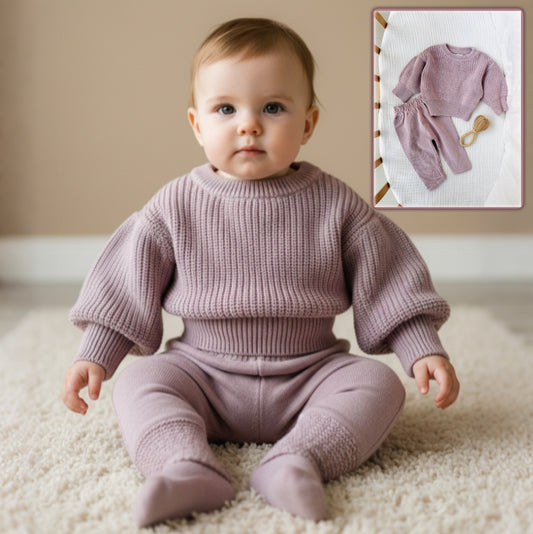 Soft Pink Knit Baby Outfit – Textured Sweater & Pants Set with Shoulder Button Detail