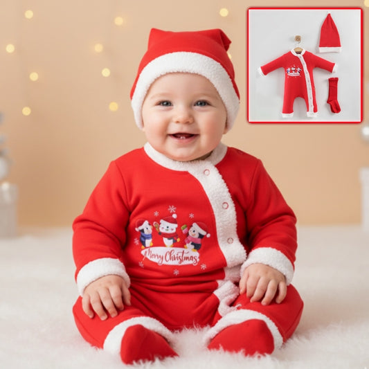 Red “Merry Christmas” Baby Outfit – Faux Fur Onesie with Santa Print, Hat & Socks